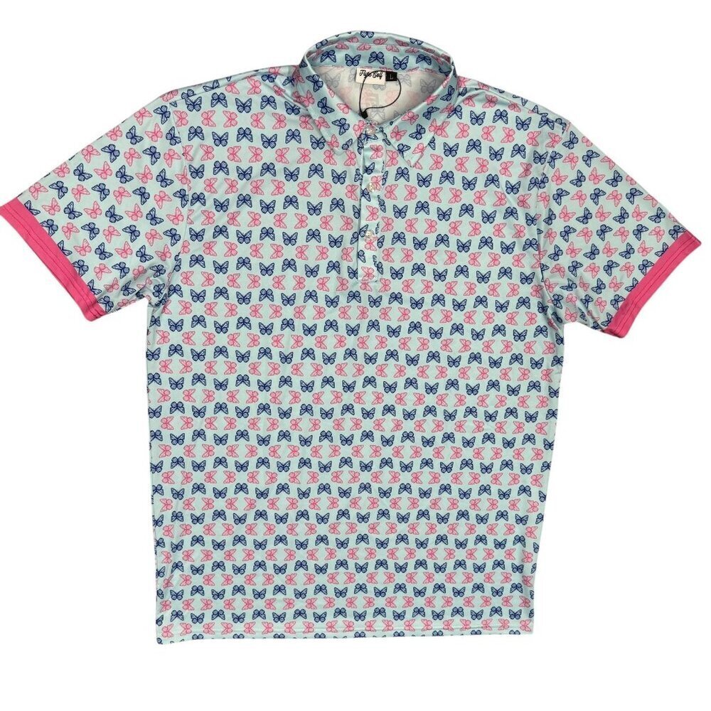 NWOT Flyte Golf Polo Shirt Short Sleeve Stretch Colorful Butterfly Pattern Large